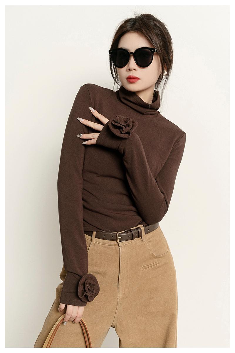 Brown Micro Velvet Lined Turtleneck Bottoming Shirt For Women