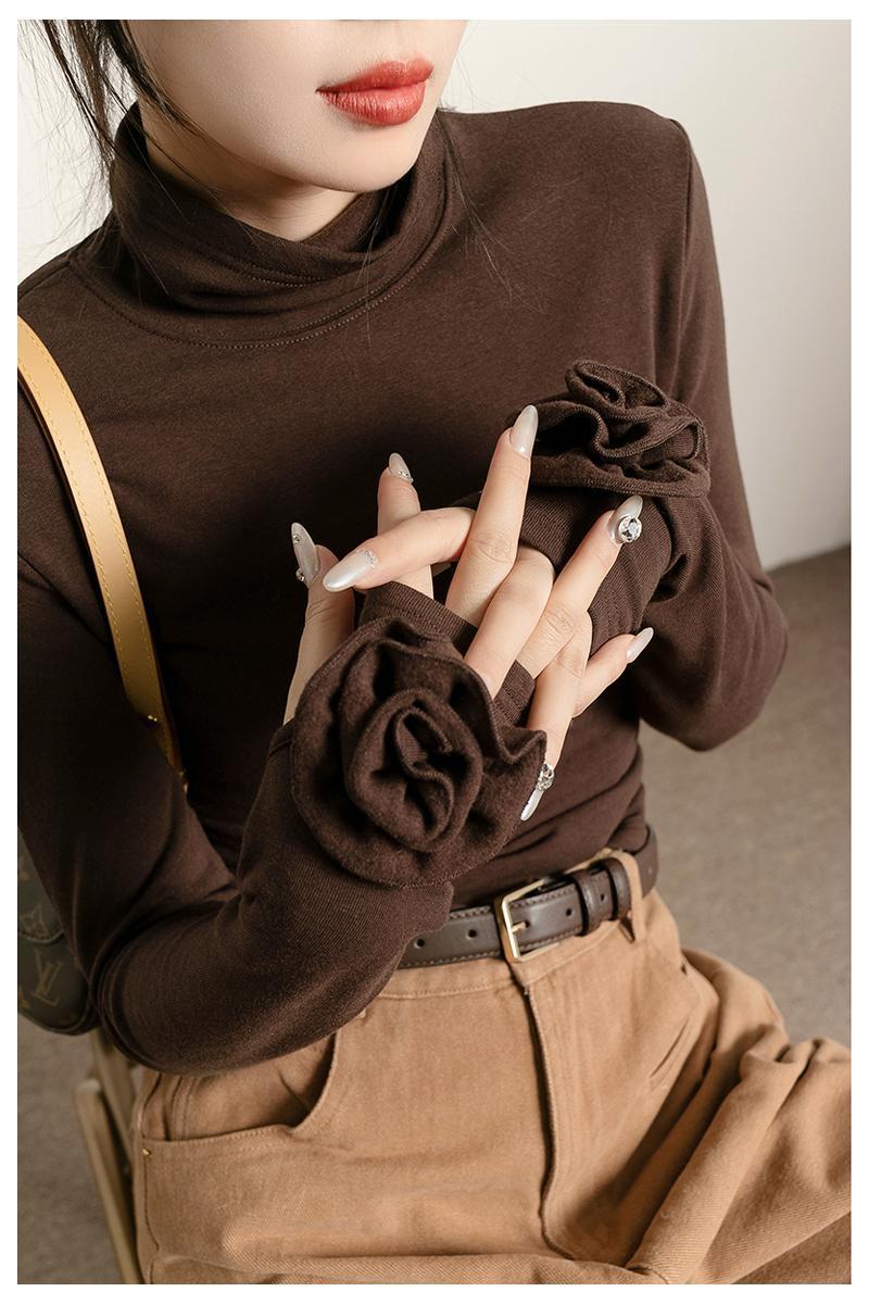 Brown Micro Velvet Lined Turtleneck Bottoming Shirt For Women